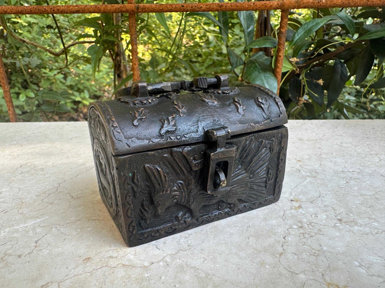Rare Antique Small 19th Century Bronze Box, Medieval Style, Gift For Her photo vintage