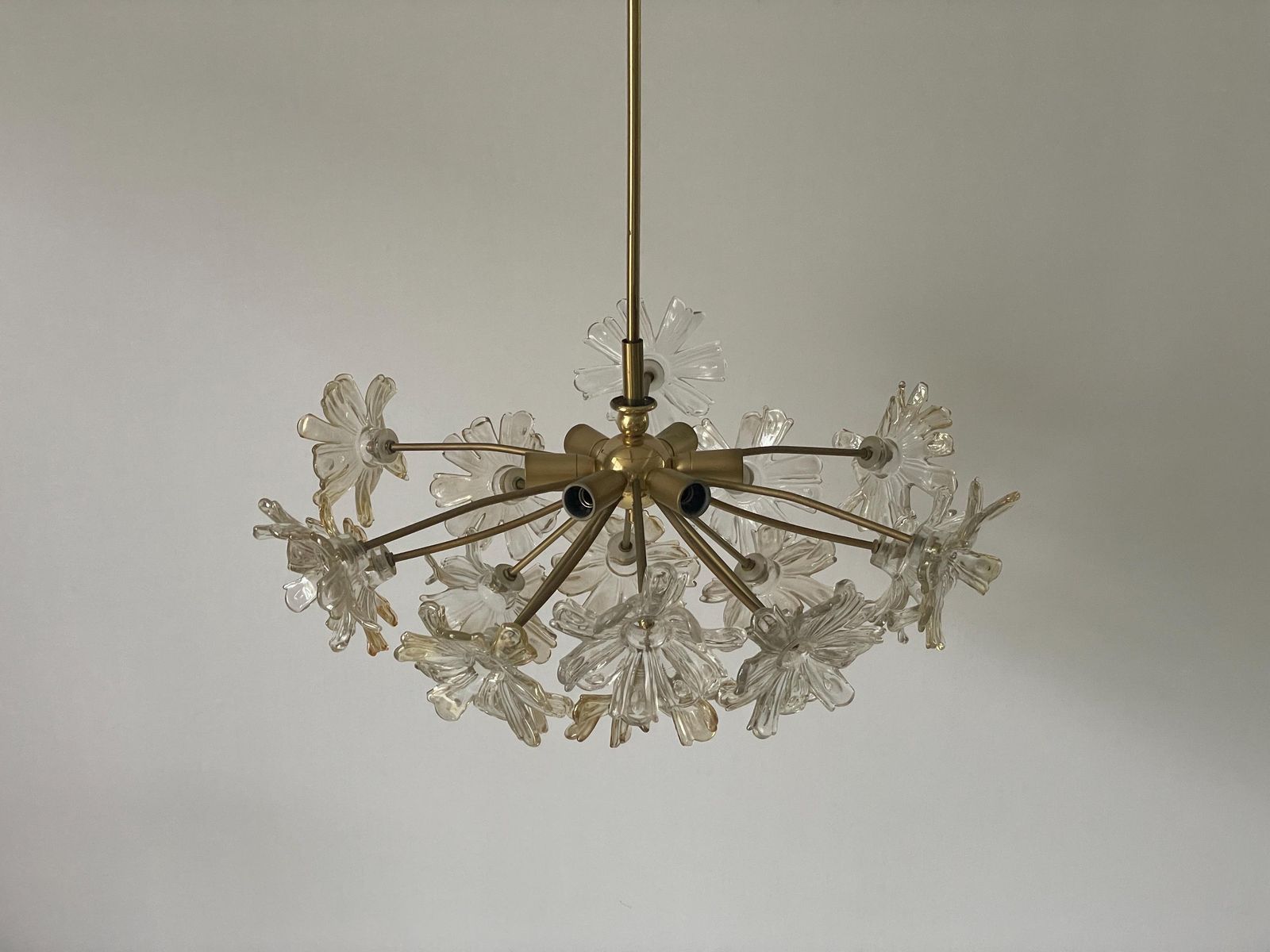 Flower Shape Crystal Glass And Brass Pendant Lamp, 1960s, Germany