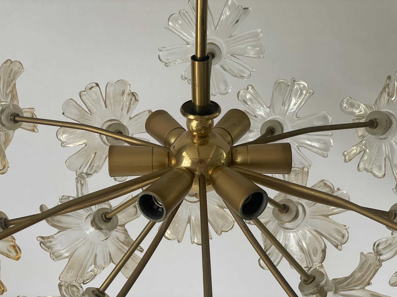 Flower Shape Crystal Glass And Brass Pendant Lamp, 1960s, Germany photo vinterior