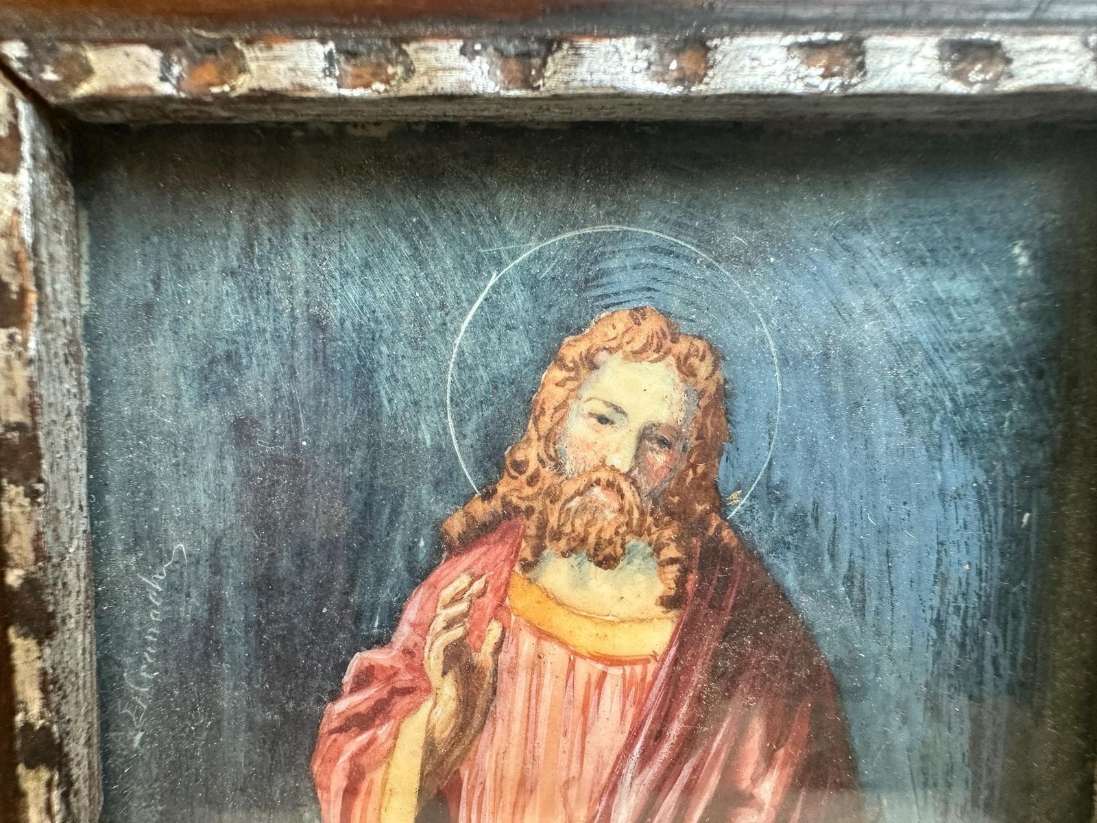 French Antique Small Religious Painting Of Christ, Late 19th Century, Framed Painting On Cardboard, Sacred Art photo for sale