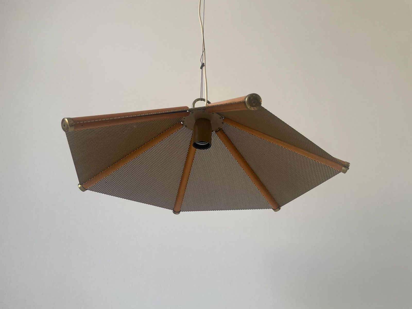 6 Leaves Wood Lines And Metal Body Pendant Lamp, 1960s, Italy photo vintage