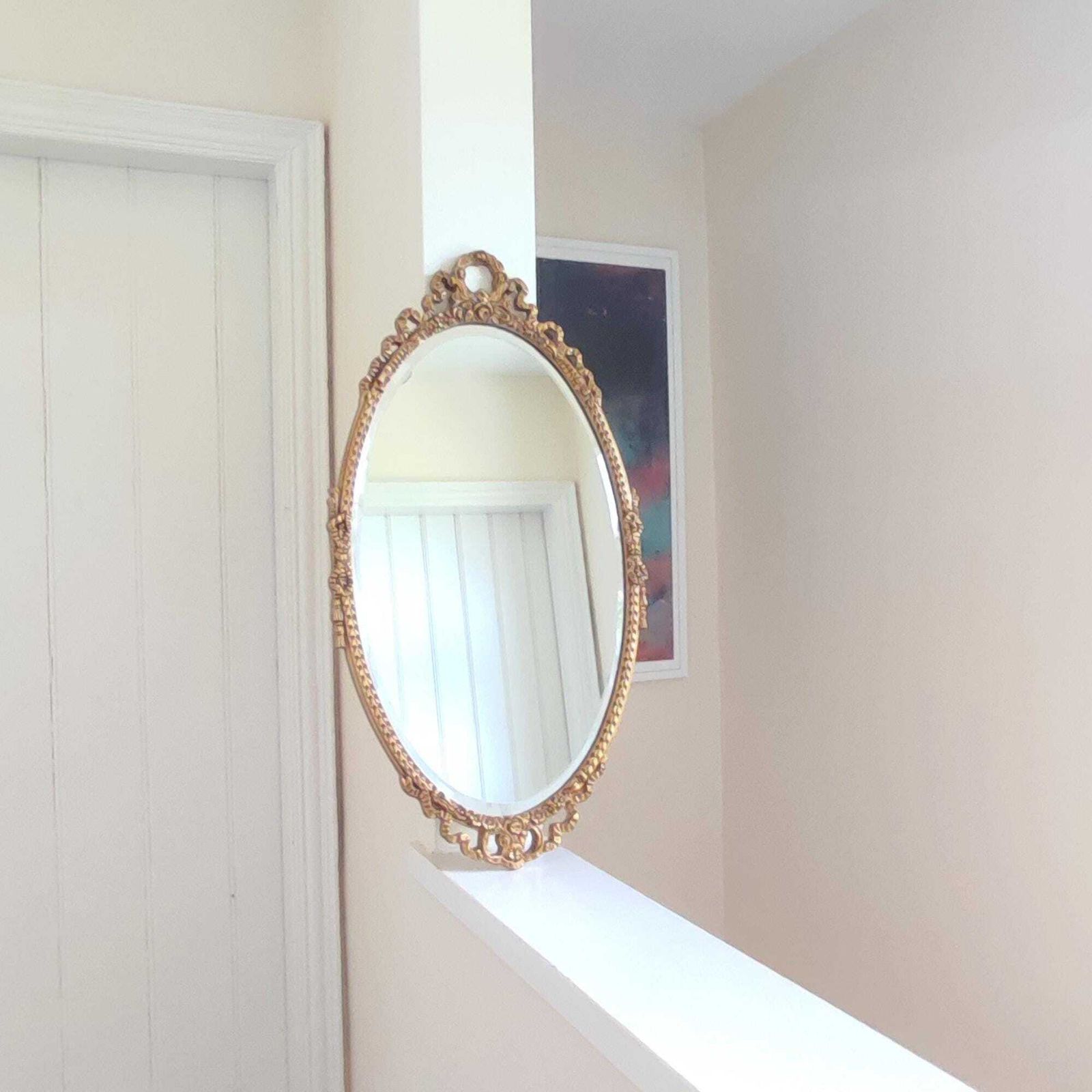Mid Century Gold Gilt Oval Ornate Wall Mirror   Floral Swag Wood Framed Regency Rococo Bevel Edge Hollywood Glamour Bedroom Décor 27 X 14.5" photo Home Decor