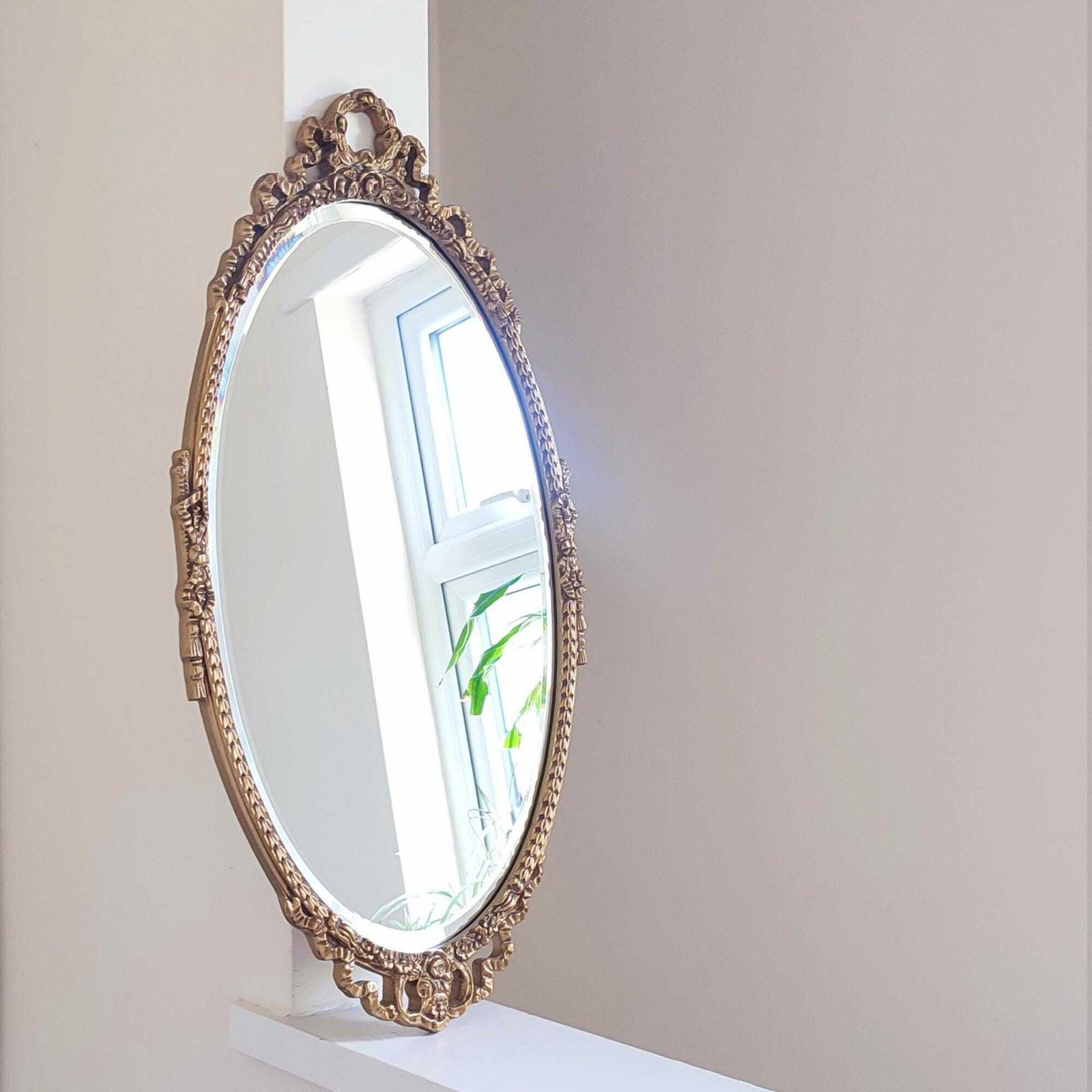 Mid Century Gold Gilt Oval Ornate Wall Mirror   Floral Swag Wood Framed Regency Rococo Bevel Edge Hollywood Glamour Bedroom Décor 27 X 14.5" photo 250.0