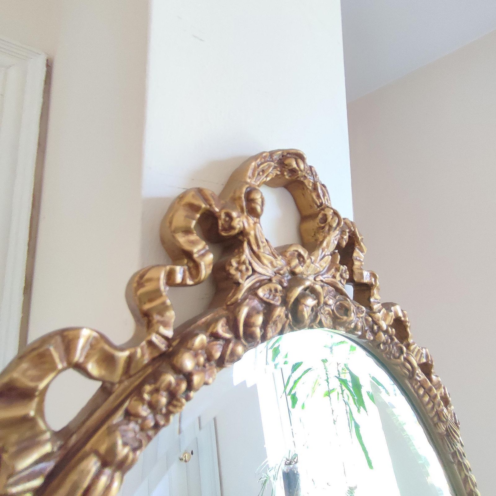 Mid Century Gold Gilt Oval Ornate Wall Mirror   Floral Swag Wood Framed Regency Rococo Bevel Edge Hollywood Glamour Bedroom Décor 27 X 14.5" photo vintage