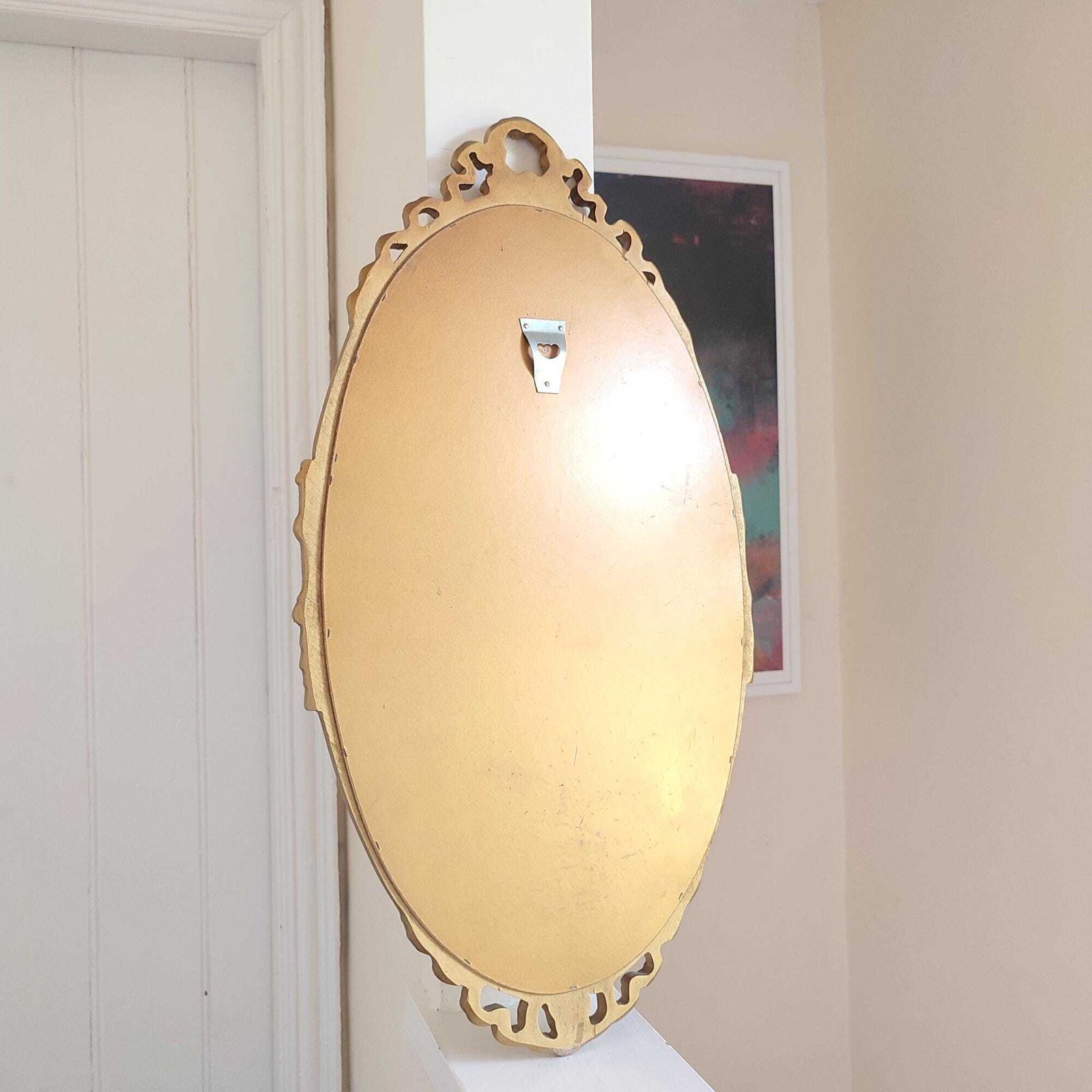 Home Decor Mid Century Gold Gilt Oval Ornate Wall Mirror   Floral Swag Wood Framed Regency Rococo Bevel Edge Hollywood Glamour Bedroom Décor 27 X 14.5" photo
