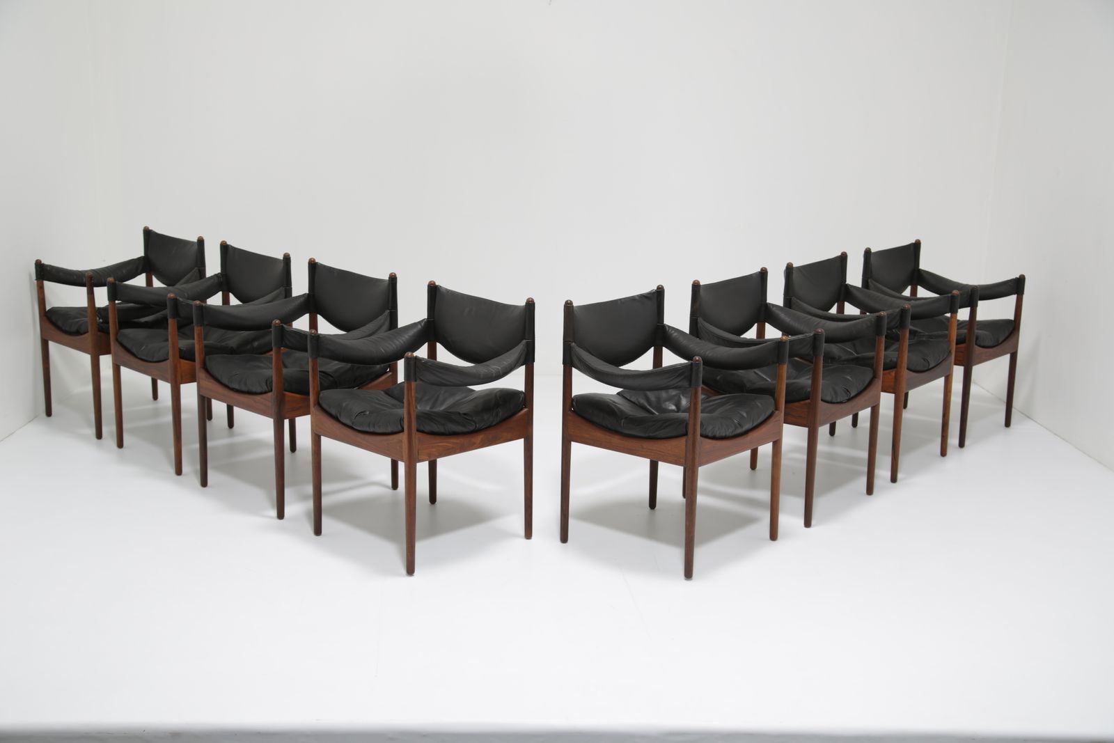 Kristian Vedel 'Modus' Eetstoelen: Set Van 8, Zeldzaam Palissander & Zwart Leer, Voor Søren Willadsen, Denemarken, Jaren 1960