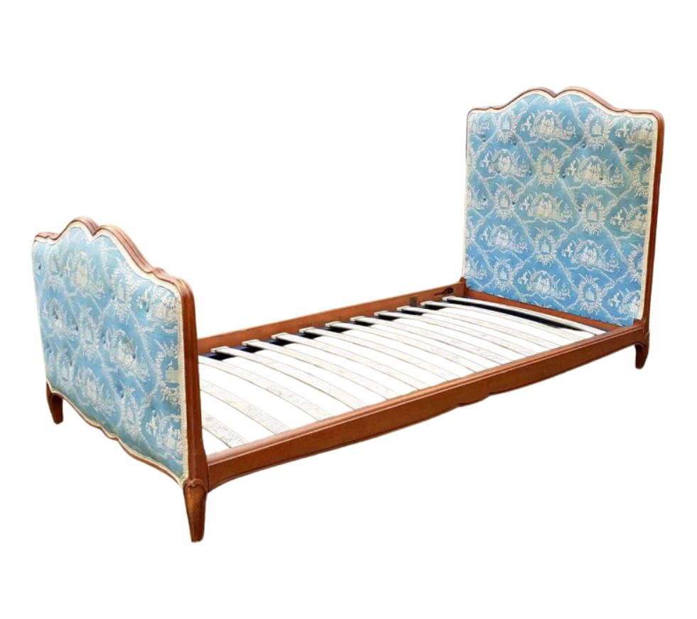Vintage Blue Padded / Upholstered And Wooden Single Bed   Louis XV Style photo vinterior