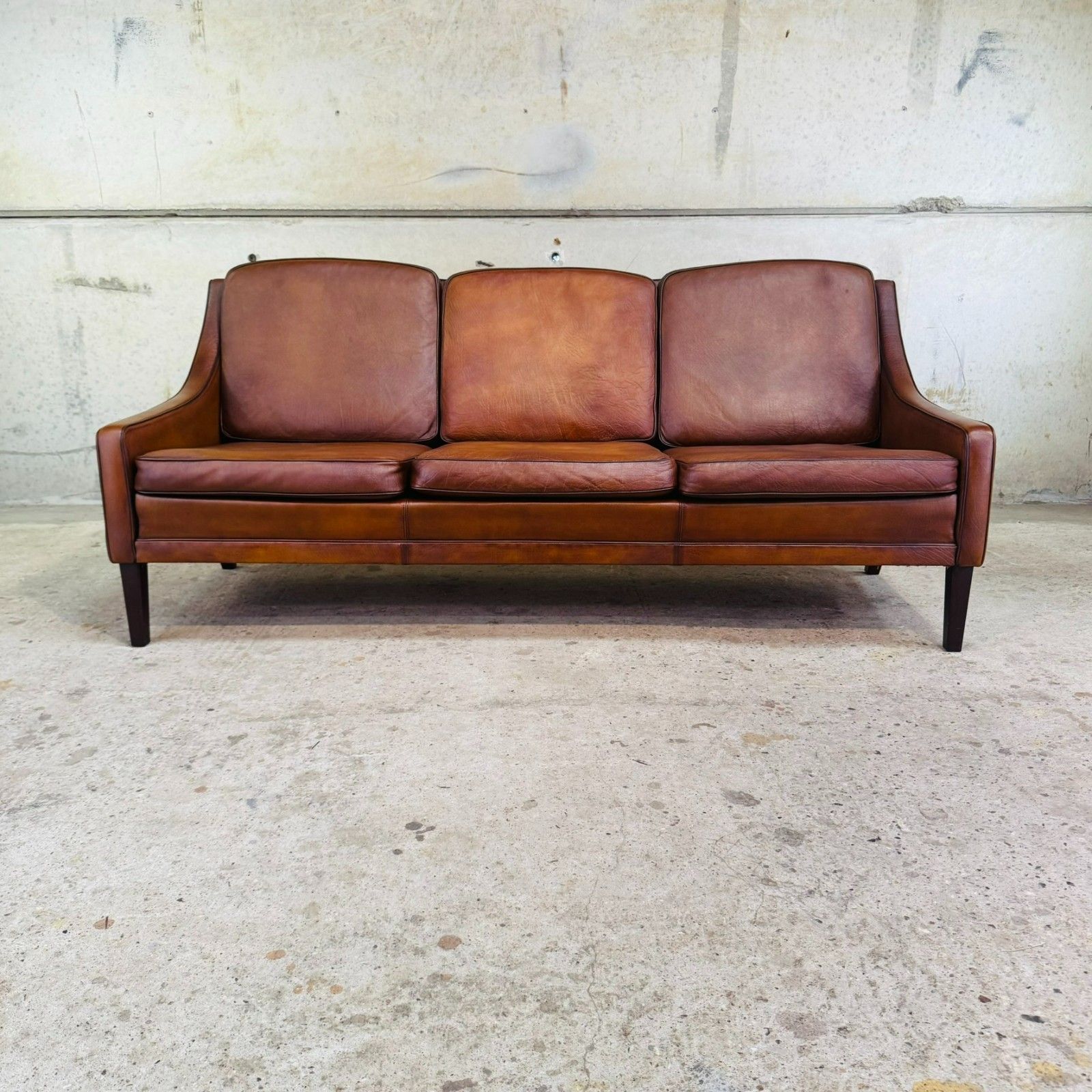 Vintage 1960s Danish Tan Leather Three Seater Sofa #A645