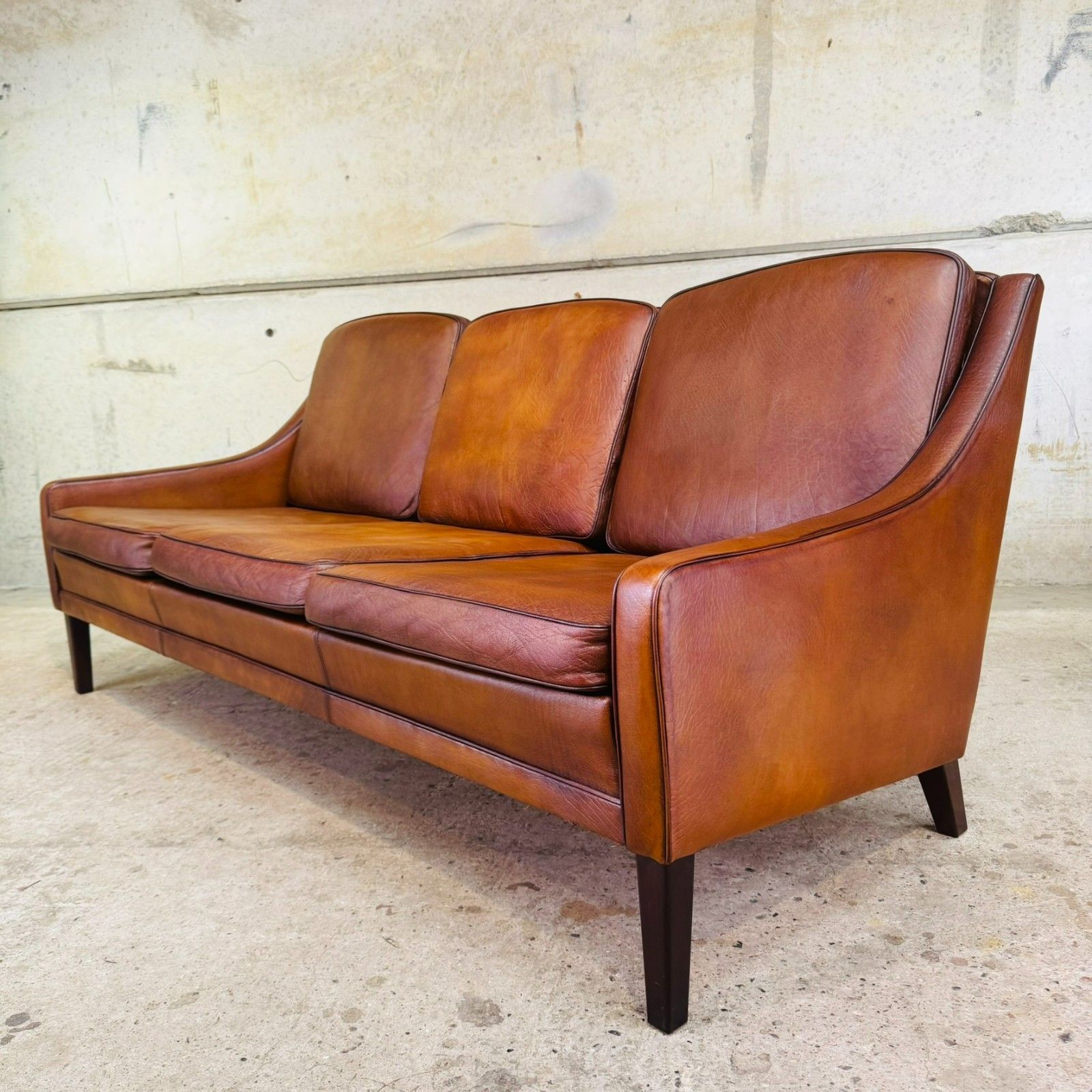 Vintage 1960s Danish Tan Leather Three Seater Sofa #A645 photo Furniture