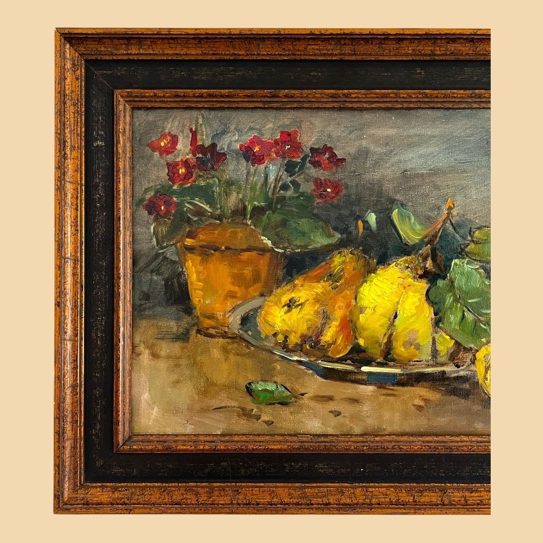 Fruit And Flower Cup, Original German Oil On Canvas Still Life Painting photo for sale