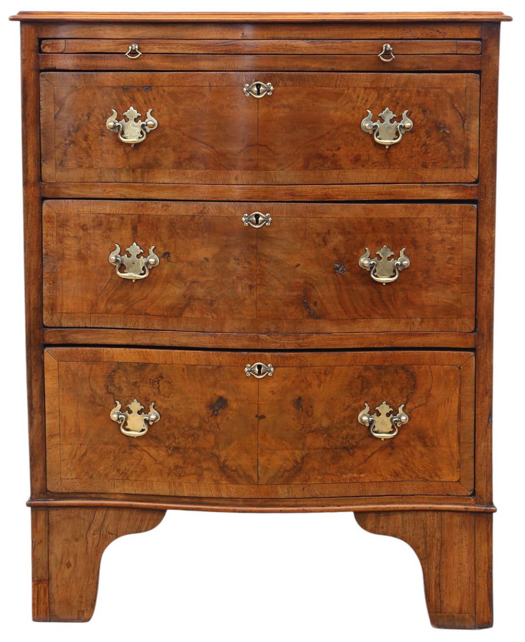 Antique C.1920 Georgian Revival Burr Walnut Serpentine Chest Of Drawers – Fine Quality With Brushing Slide photo furniture