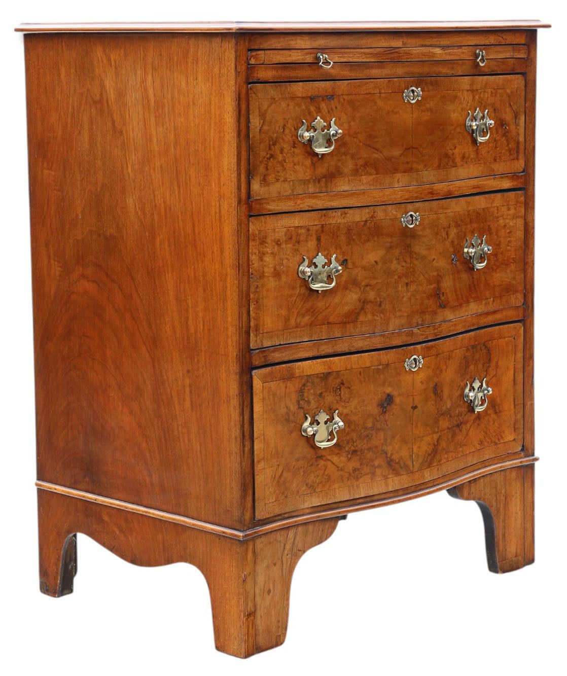 Antique C.1920 Georgian Revival Burr Walnut Serpentine Chest Of Drawers – Fine Quality With Brushing Slide photo for sale