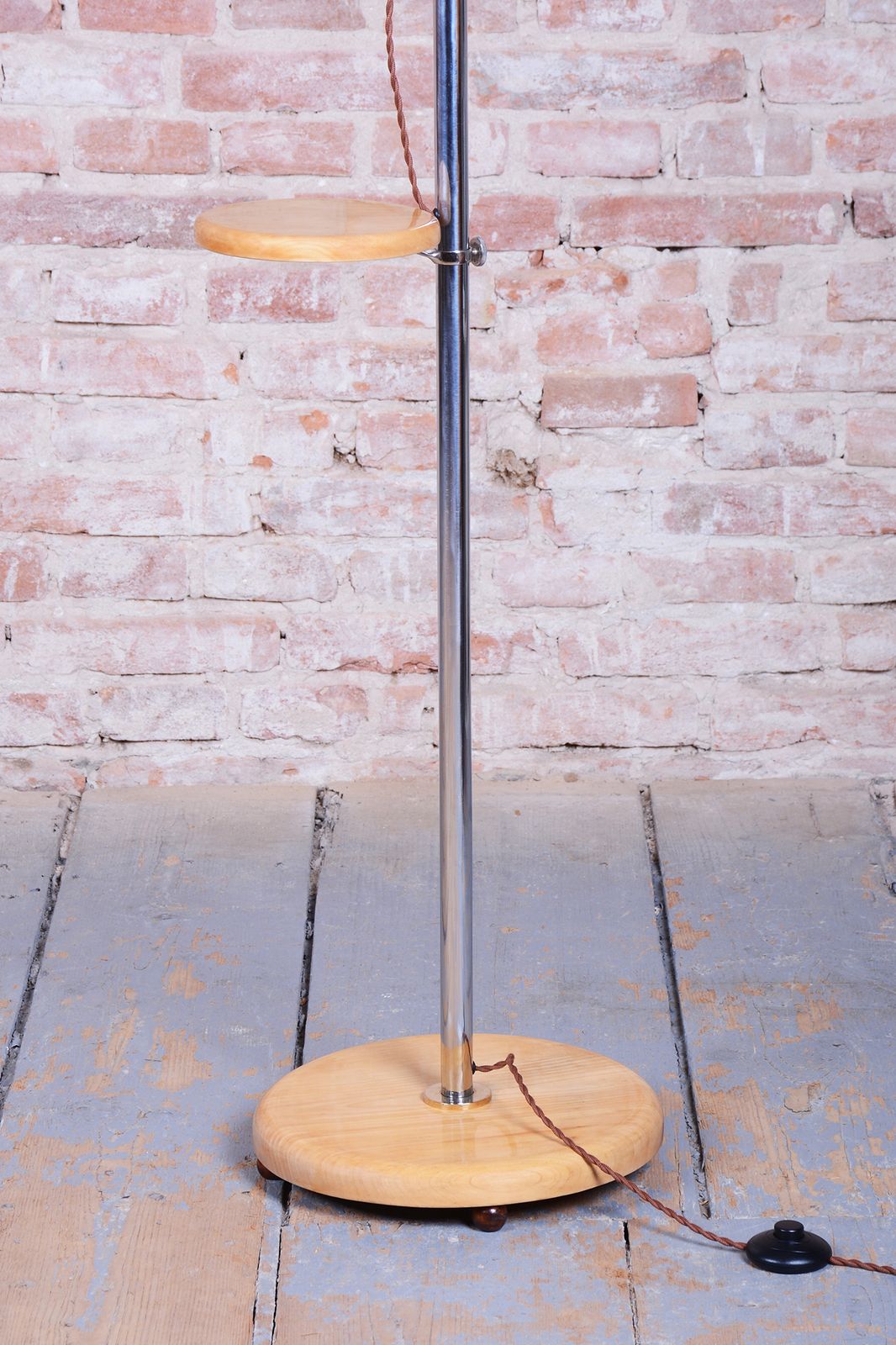 Restored Bauhaus Floor Lamp, Chrome, Beech, Opaline Milk Glass, Czech, 1930s photo 1250.0