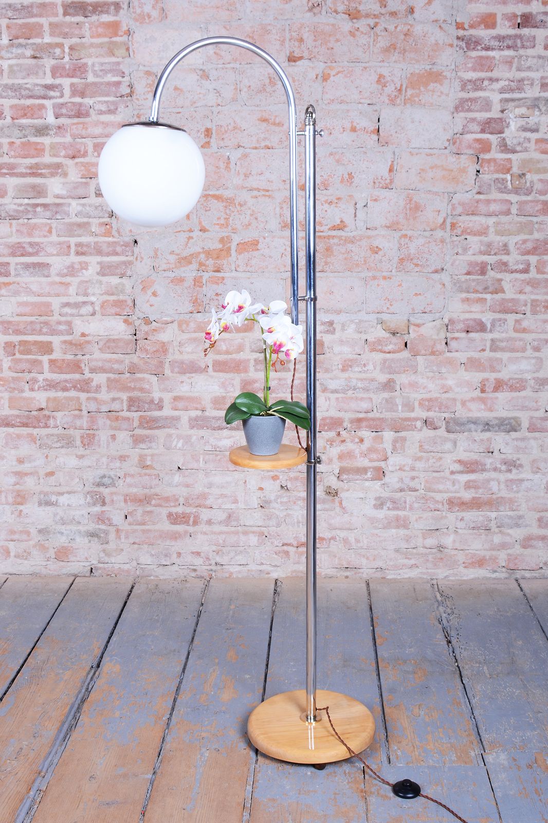 Lighting Restored Bauhaus Floor Lamp, Chrome, Beech, Opaline Milk Glass, Czech, 1930s photo
