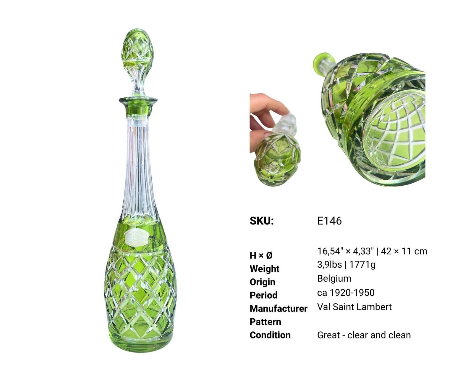 Val Saint Lambert Crystal Decanter | Chartreuse Green | Cut Glass photo furniture