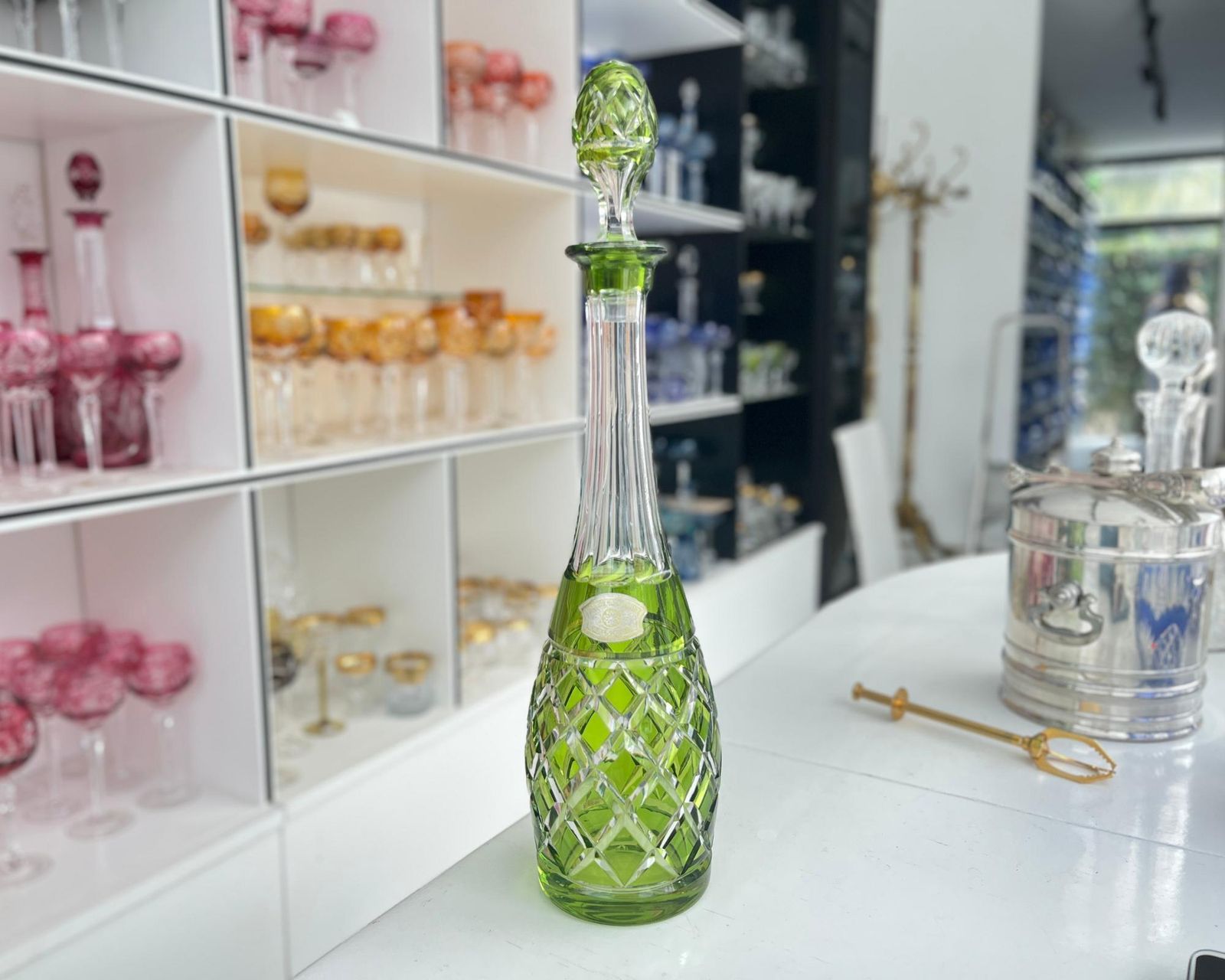 Val Saint Lambert Kristallen Karaf | Chartreusegroen | Geslepen Glas photo vinterior