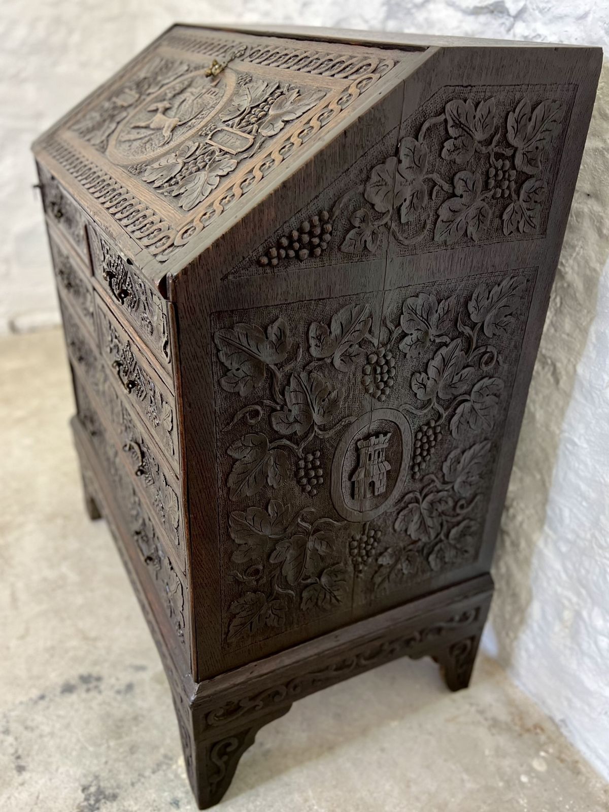 Antique Carved English Oak Chinoiserie Bureau Chest Secretary Writing Desk Secretaire With Drawers photo for sale