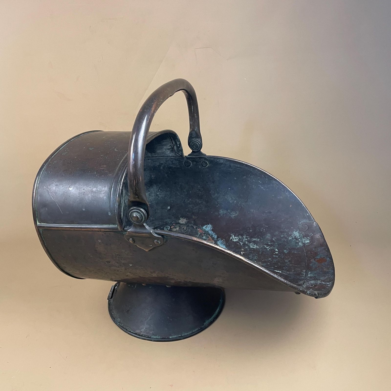 Antique Metal Dark Copper Coal Bucket Handle Fireside Fire Side Scuttle Log Helmet Farmhouse Cottage Aged Patina Vintage Fireplace Bronze photo for sale