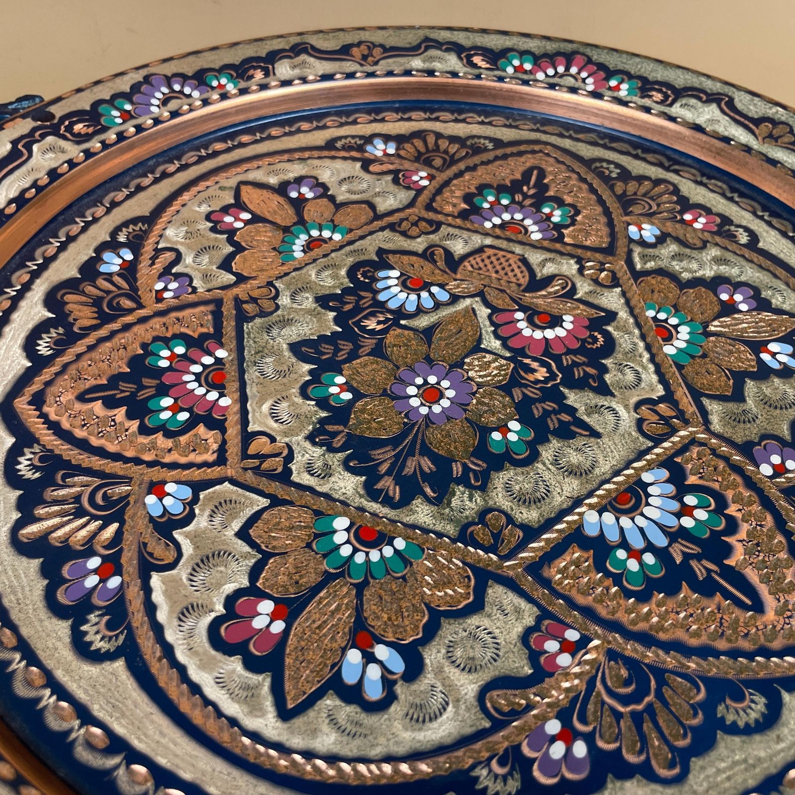 Antique Metal Copper Indian Patterned Brass Tray 45.5cm Plate Handmade Copper Etched Intricate Vintage Decorative Round Colourful Handles photo furniture
