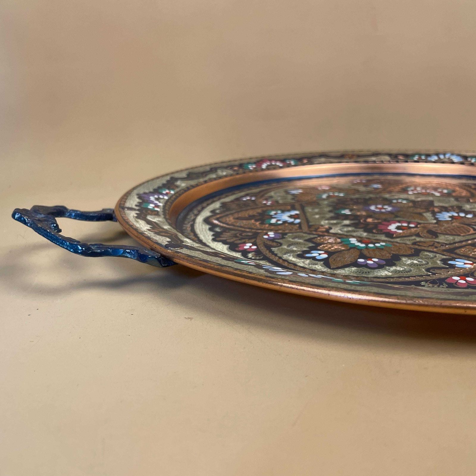 Antique Metal Copper Indian Patterned Brass Tray 45.5cm Plate Handmade Copper Etched Intricate Vintage Decorative Round Colourful Handles photo vinterior