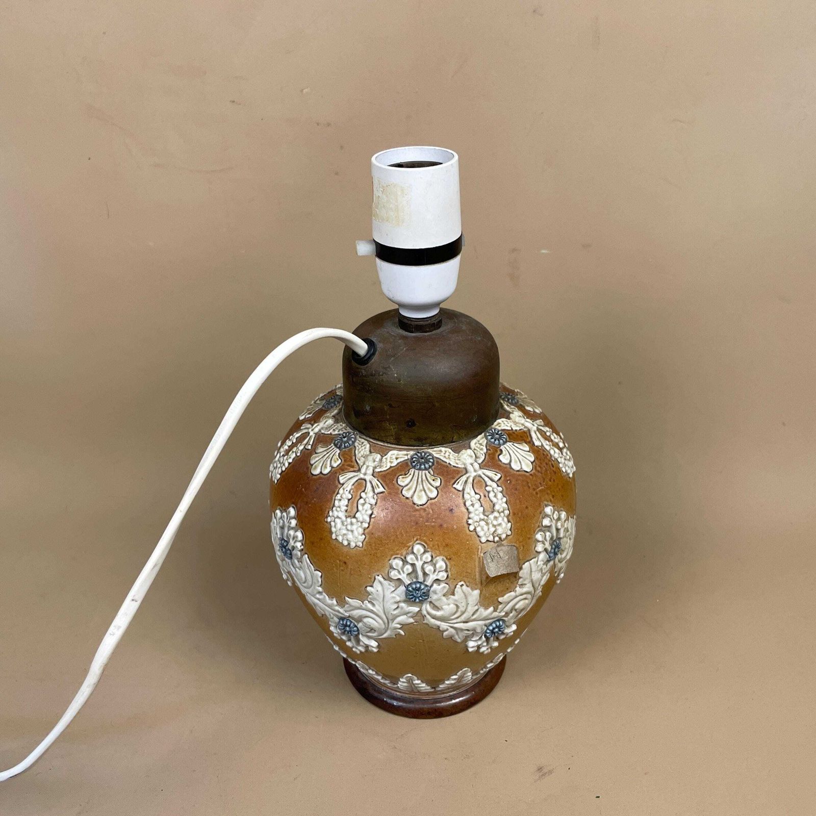 Antique Art Nouveau Doulton Lambeth Lamp 1884 Converted Old Jug Small Pottery Brown Brass Top Old Pac Tested June 2025 photo for sale
