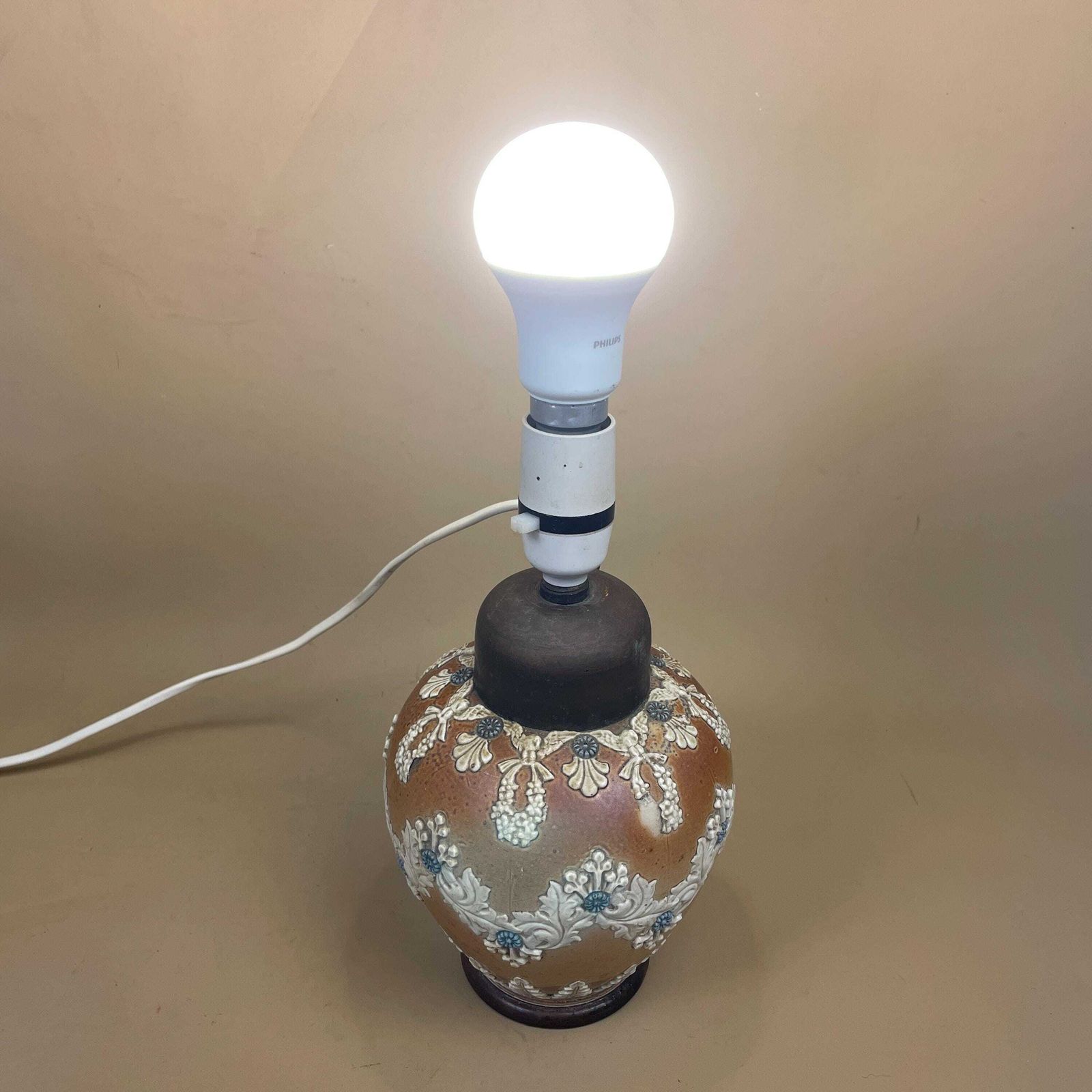 Antique Art Nouveau Doulton Lambeth Lamp 1884 Converted Old Jug Small Pottery Brown Brass Top Old Pac Tested June 2025 photo vintage
