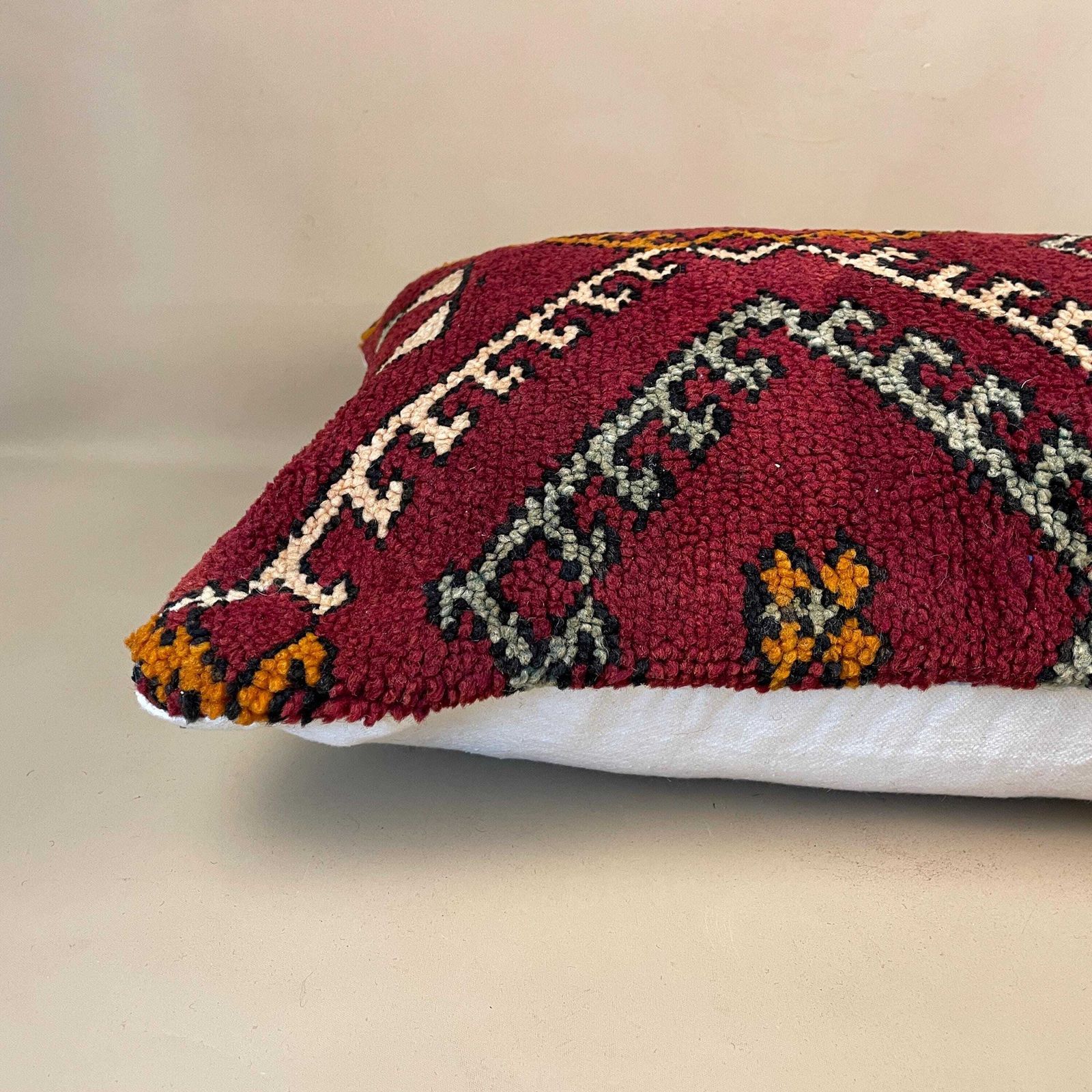 Moroccan Kilim Cushion Antique Carpet Pillow Feather Handmade 60x40cm Geometric Feather Filled Handwoven Red Traditional Rectangle Vintage photo for sale
