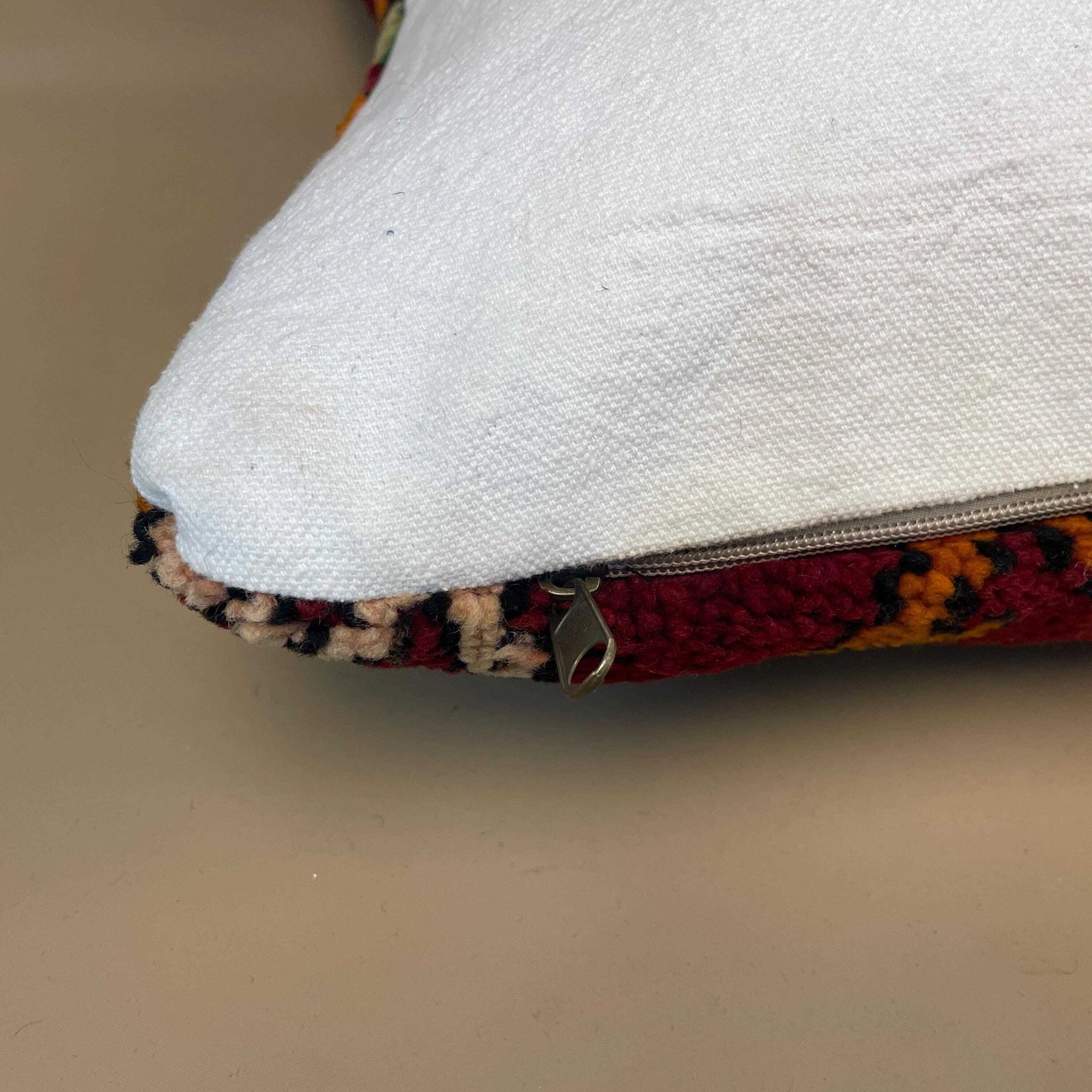Moroccan Kilim Cushion Antique Carpet Pillow Feather Handmade 60x40cm Geometric Feather Filled Handwoven Red Traditional Rectangle Vintage photo vinterior