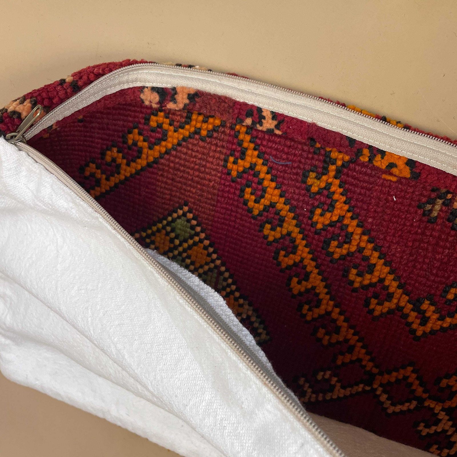 Moroccan Kilim Cushion Antique Carpet Pillow Feather Handmade 60x40cm Geometric Feather Filled Handwoven Red Traditional Rectangle Vintage photo buy