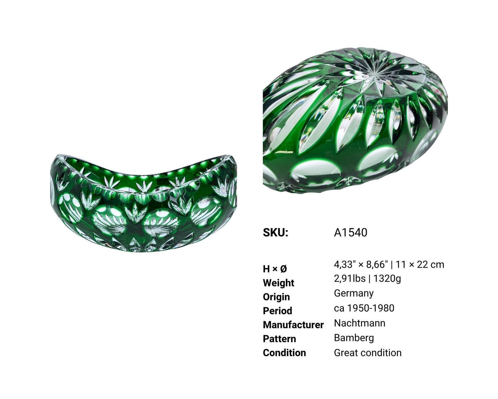 Emerald Green Crystal Bowl | 1pc | Nachtmann Bamberg | Vintage Germany photo furniture