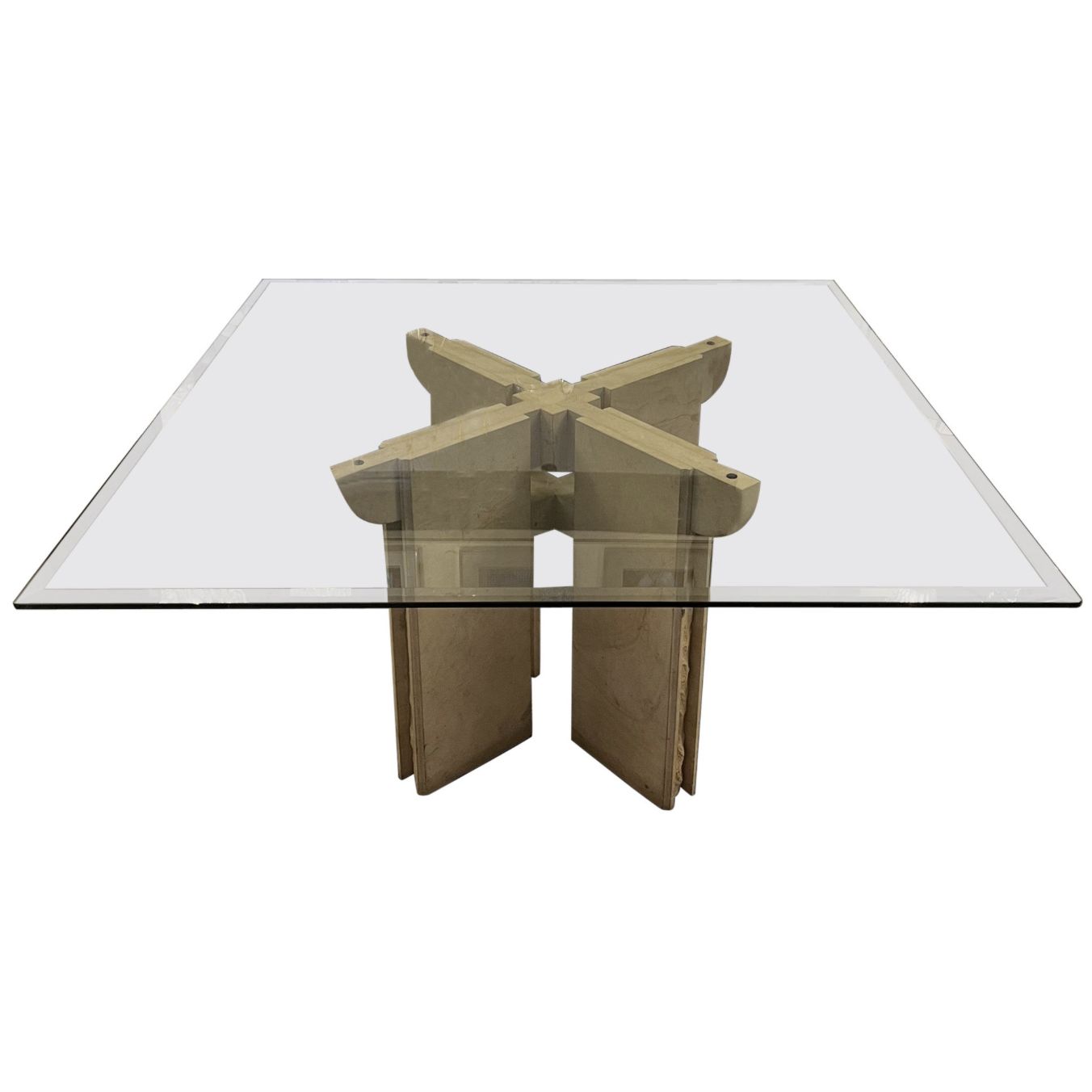 Dining Room Table In Travertine With Glass Top, Italy, 1970s