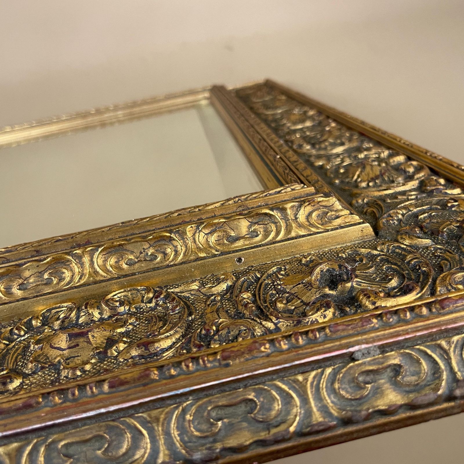 photo furniture Antique Wooden Wall Mirror Portrait Rectangle Gold Ornate Frame Bevelled Glass Patterned Edge Bedroom Hallway Living Room Rectangular