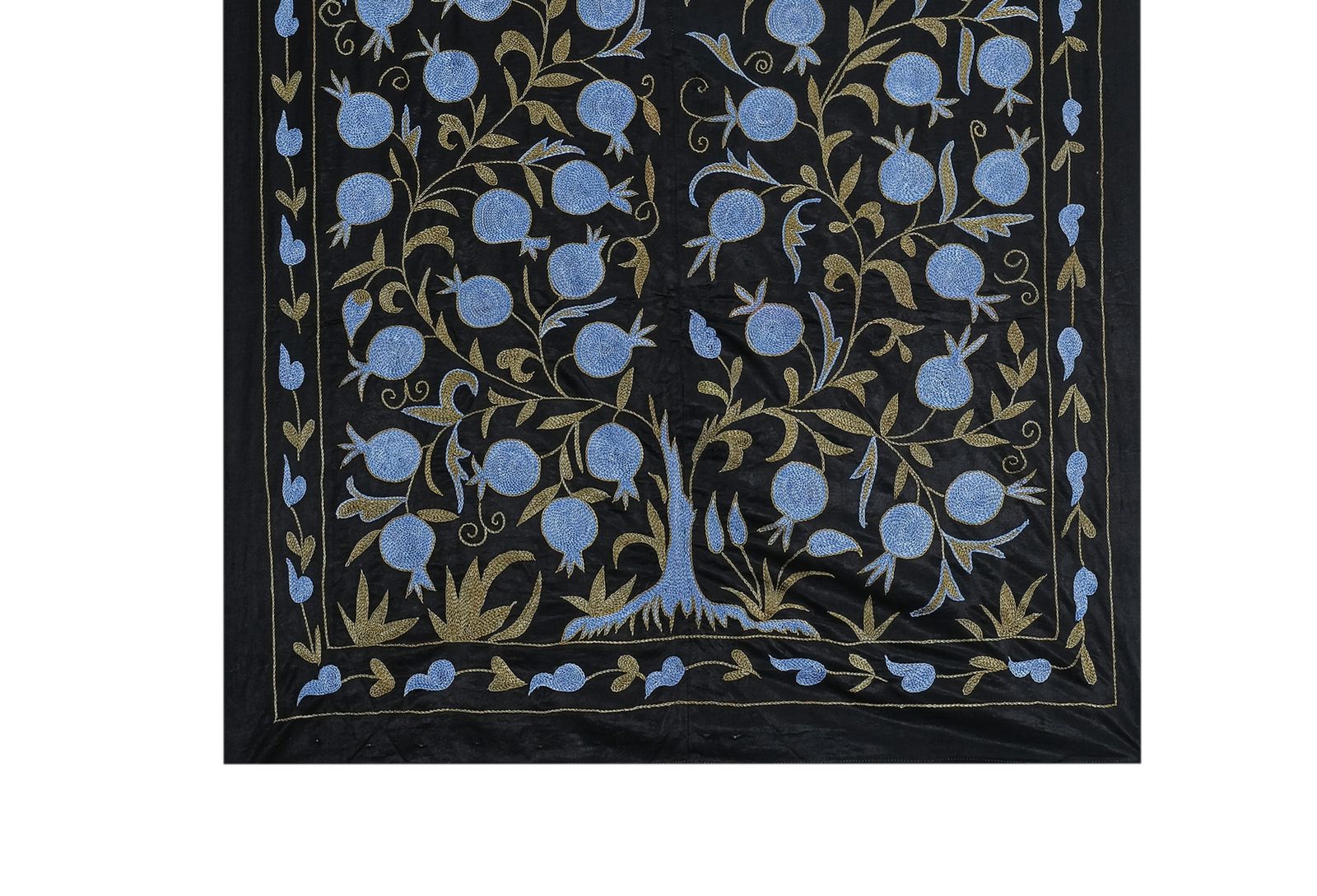 Silk Suzani From Uzbekistan, Central Asia Black And Blue Samarkand Wall Hanging Decor, Floral Uzbek Bedspread 103 X 186 photo 315.0