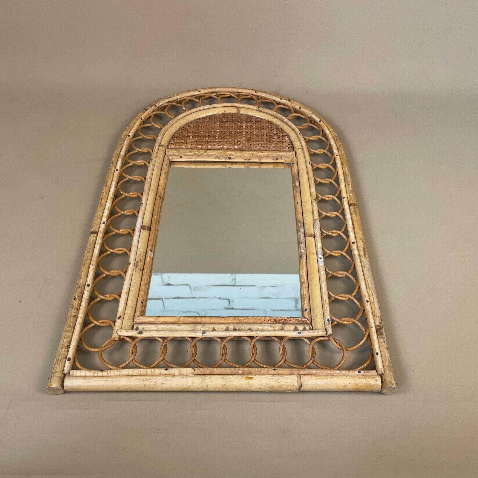 Vintage Bamboo Arched Wall Mirror Italian Riviera Rattan Woven Cane C.1950s Medium Hallway Bedroom photo furniture