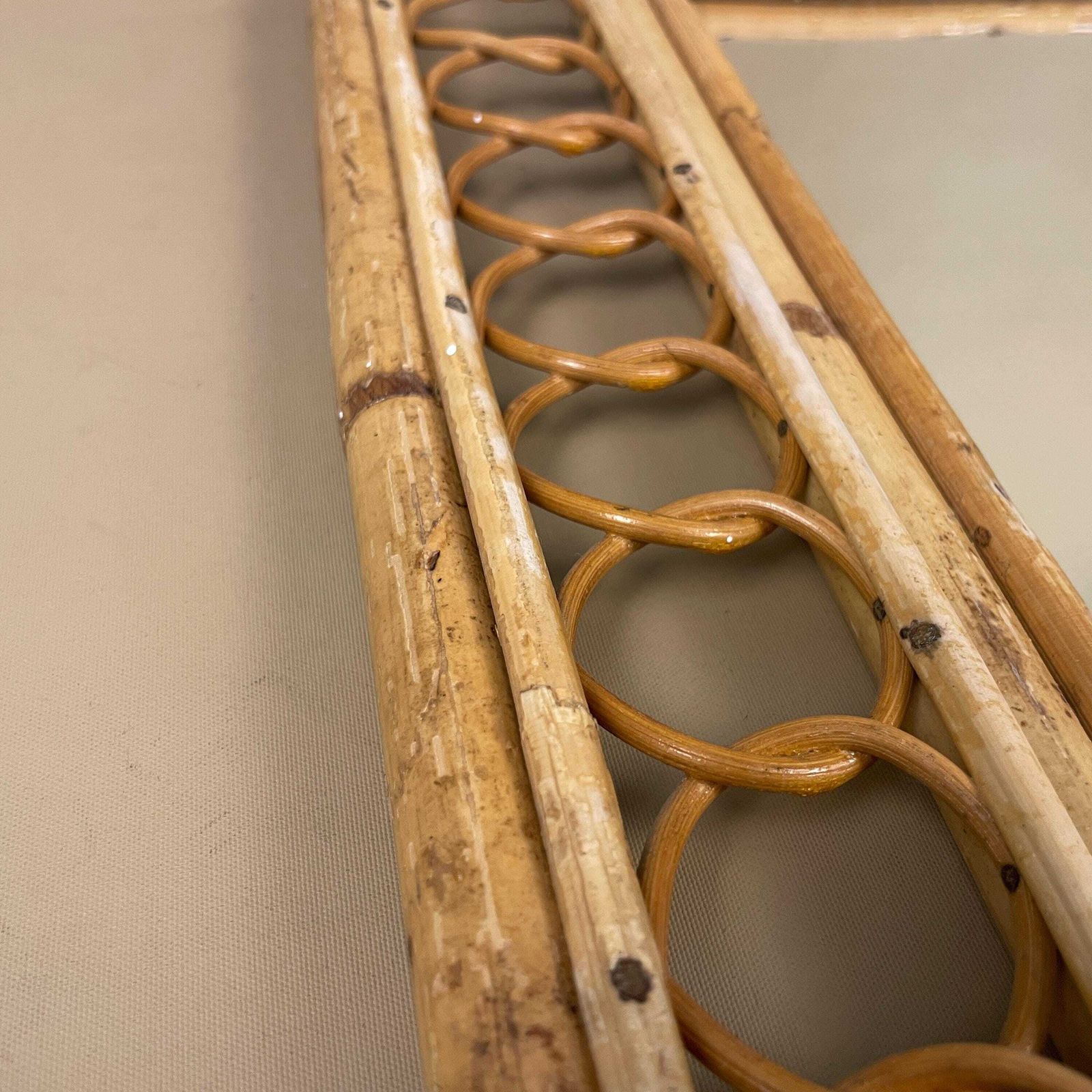 Vintage Bamboo Arched Wall Mirror Italian Riviera Rattan Woven Cane C.1950s Medium Hallway Bedroom photo vinterior