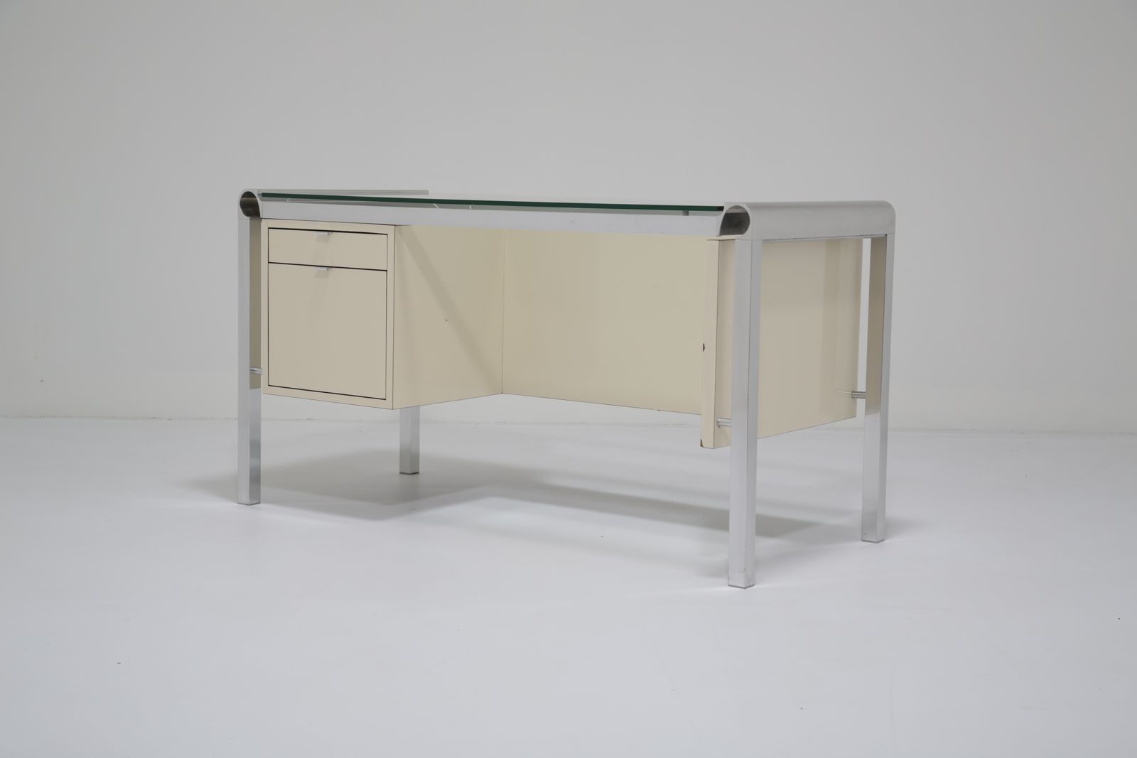 Pierre Cardin Architectural Desk: In Cream Lacquer & Chrome With Glass Top, 1970s photo for sale