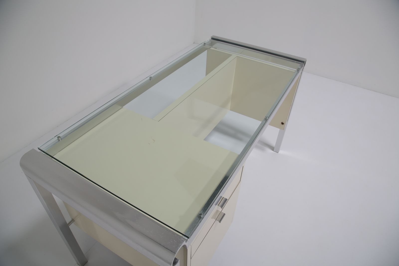 Pierre Cardin Architectural Desk: In Cream Lacquer & Chrome With Glass Top, 1970s photo vintage