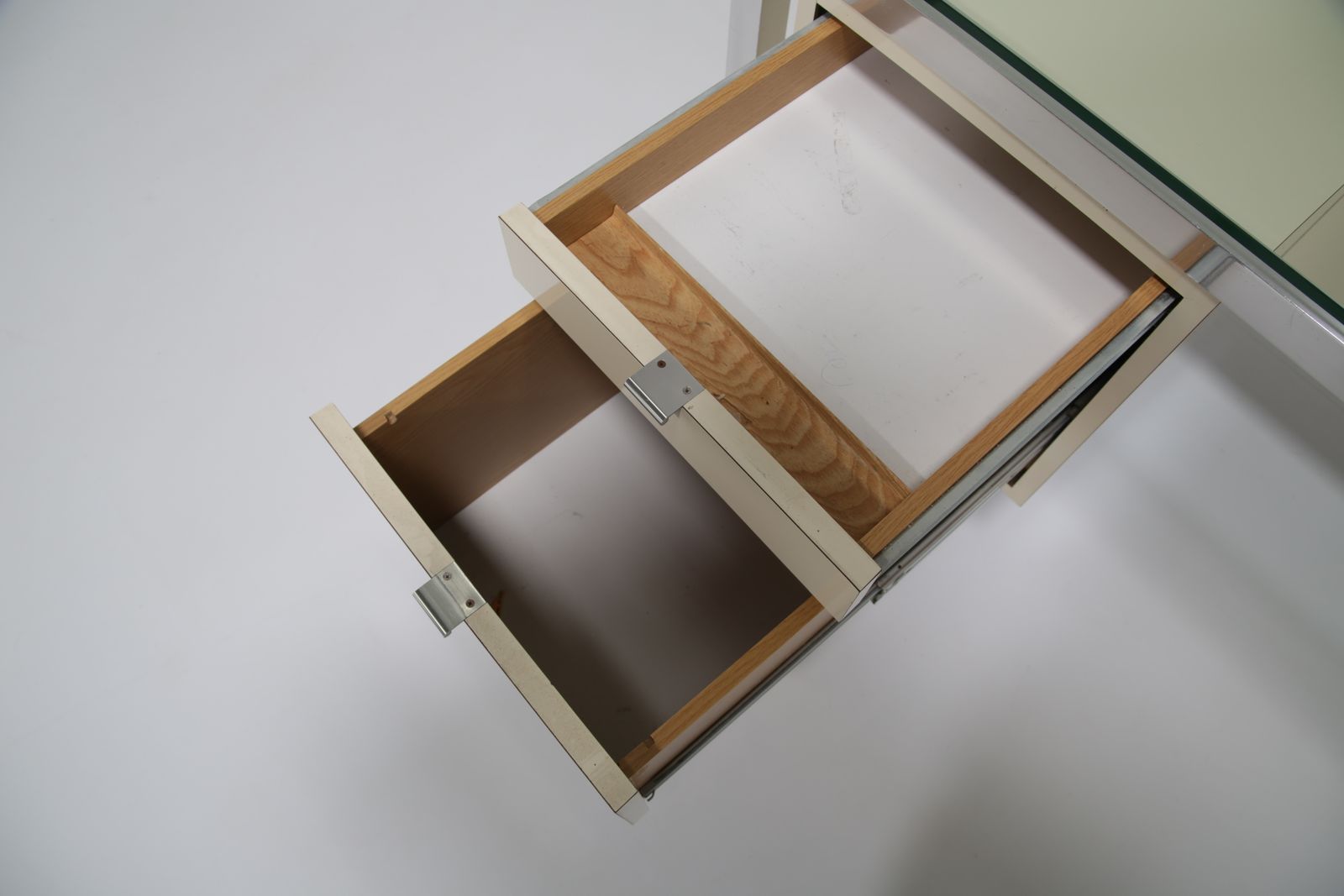 Furniture Pierre Cardin Architectural Desk: In Cream Lacquer & Chrome With Glass Top, 1970s photo