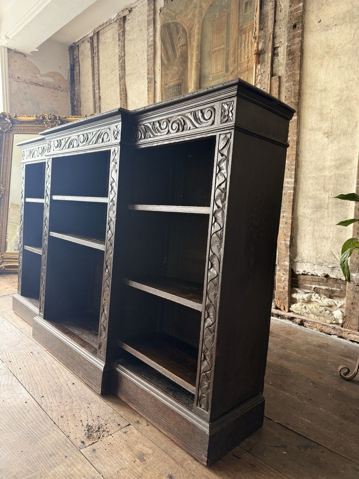 Antique Oak Gothic Carved Freestanding Open  Adjustable Shelves Bookcase C1880 photo Furniture