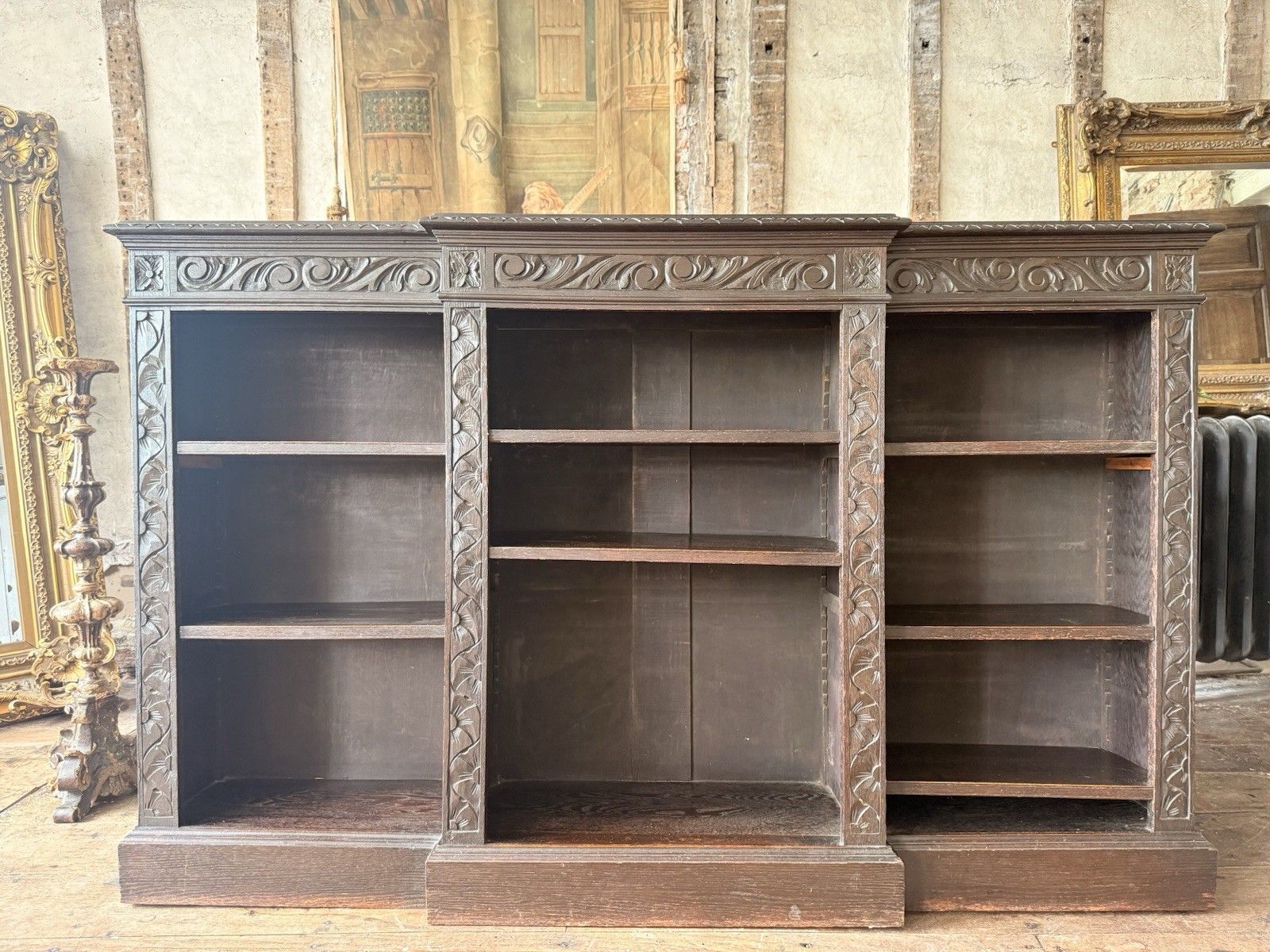 Antique Oak Gothic Carved Freestanding Open  Adjustable Shelves Bookcase C1880 photo vintage