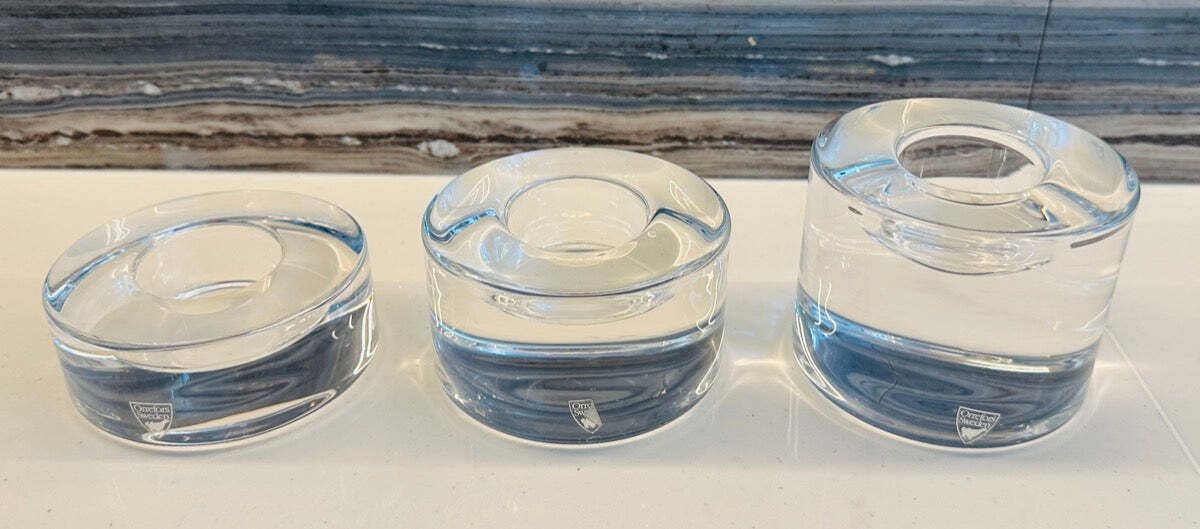 Set Of 3 Swedish Orrefors "Puck" Crystal Glass Circular Candle Votive Holders photo for sale