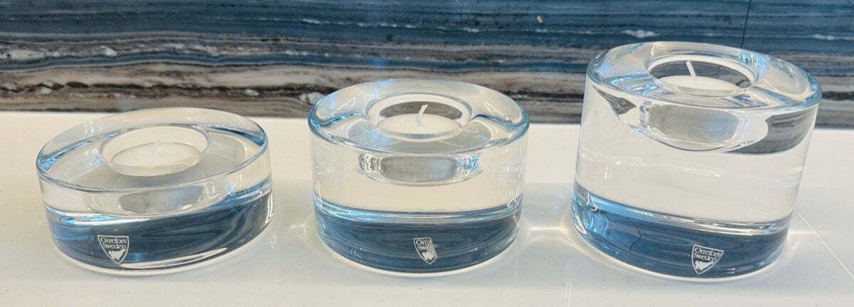 Set Of 3 Swedish Orrefors "Puck" Crystal Glass Circular Candle Votive Holders photo vintage