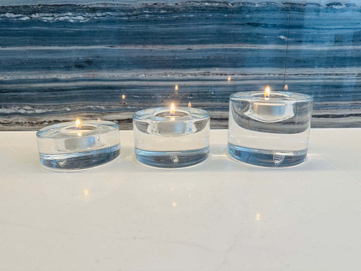 photo vinterior Set Of 3 Swedish Orrefors "Puck" Crystal Glass Circular Candle Votive Holders
