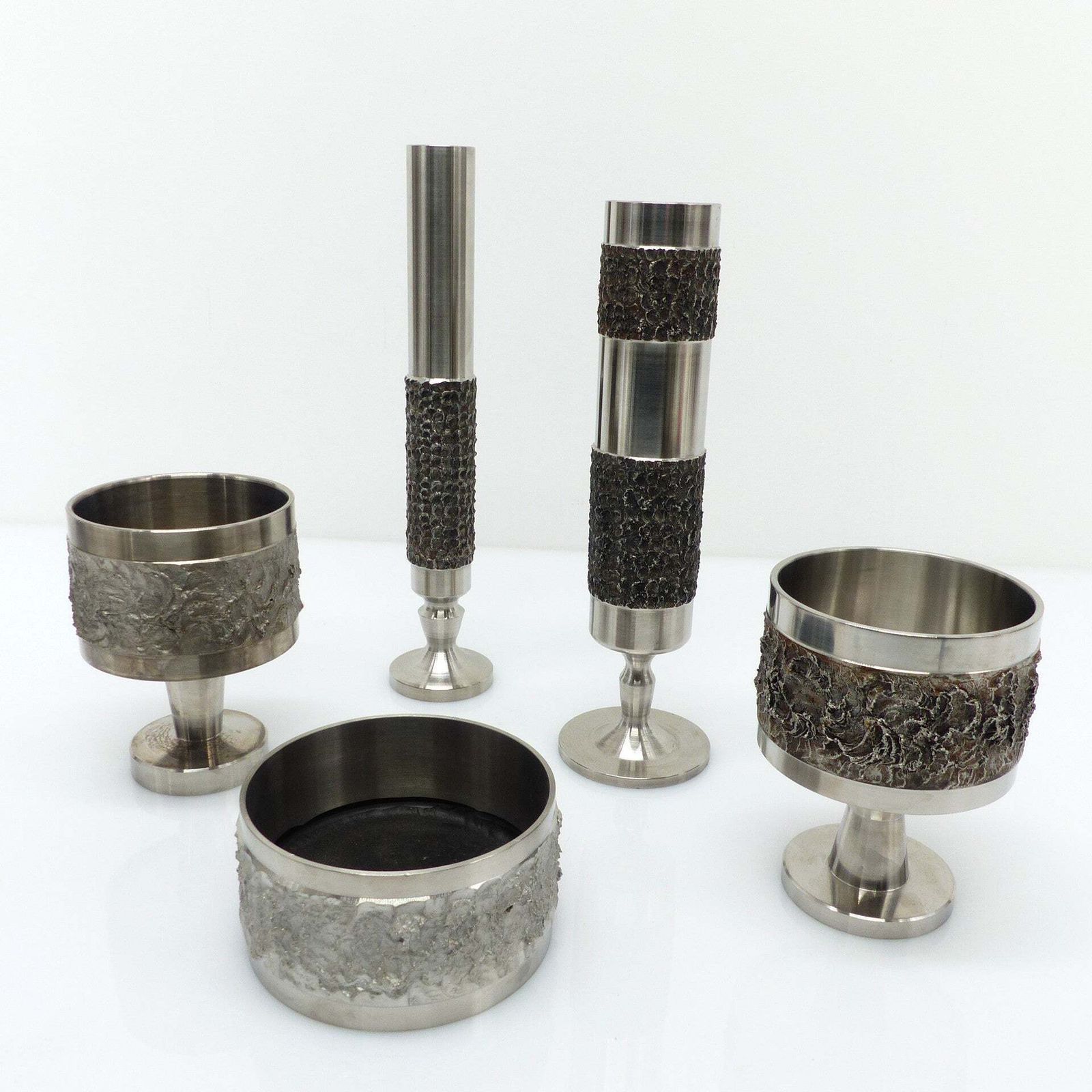 Set Of 5 Brutalist Steel Vases And Bowls 1970 photo for sale