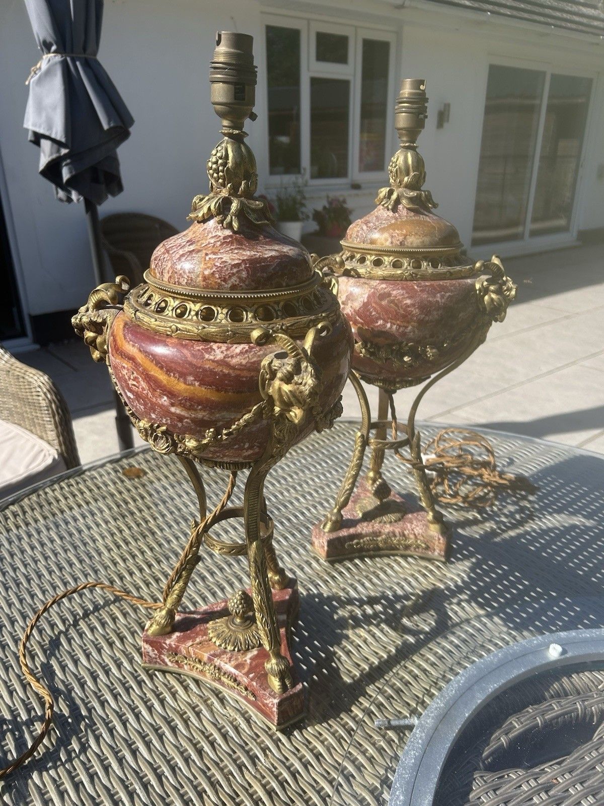 Pair Of Gilt Bronze & Marble Table Lamps French Louis XVI Old Period Antique Set photo vintage
