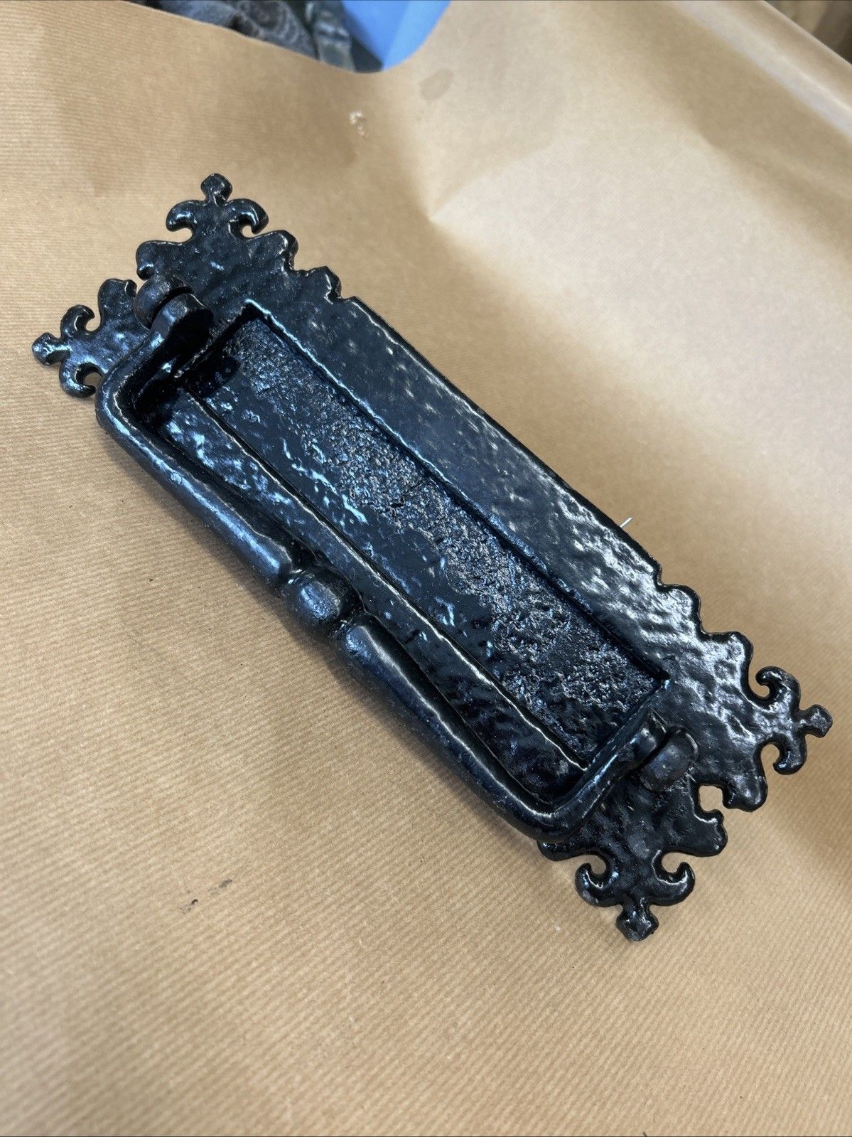 Old Antique Front Door Knocker Letterbox Period Cast Iron Gothic Tudor Metal Rec photo 89.0