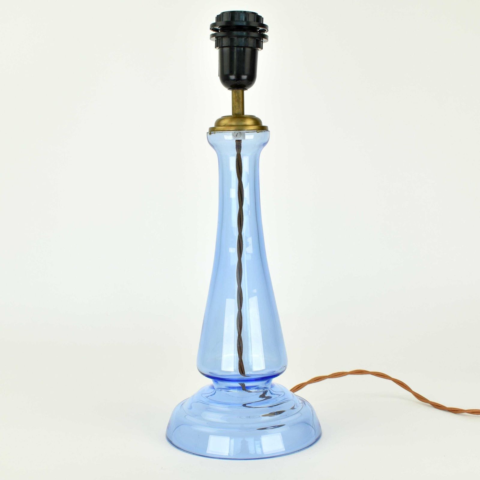 Vintage Laura Ashley Cornflower Blue Glass Table Lamp | Accent Light 1990 2000s Brass Bedside Buffet European British Coastal photo furniture