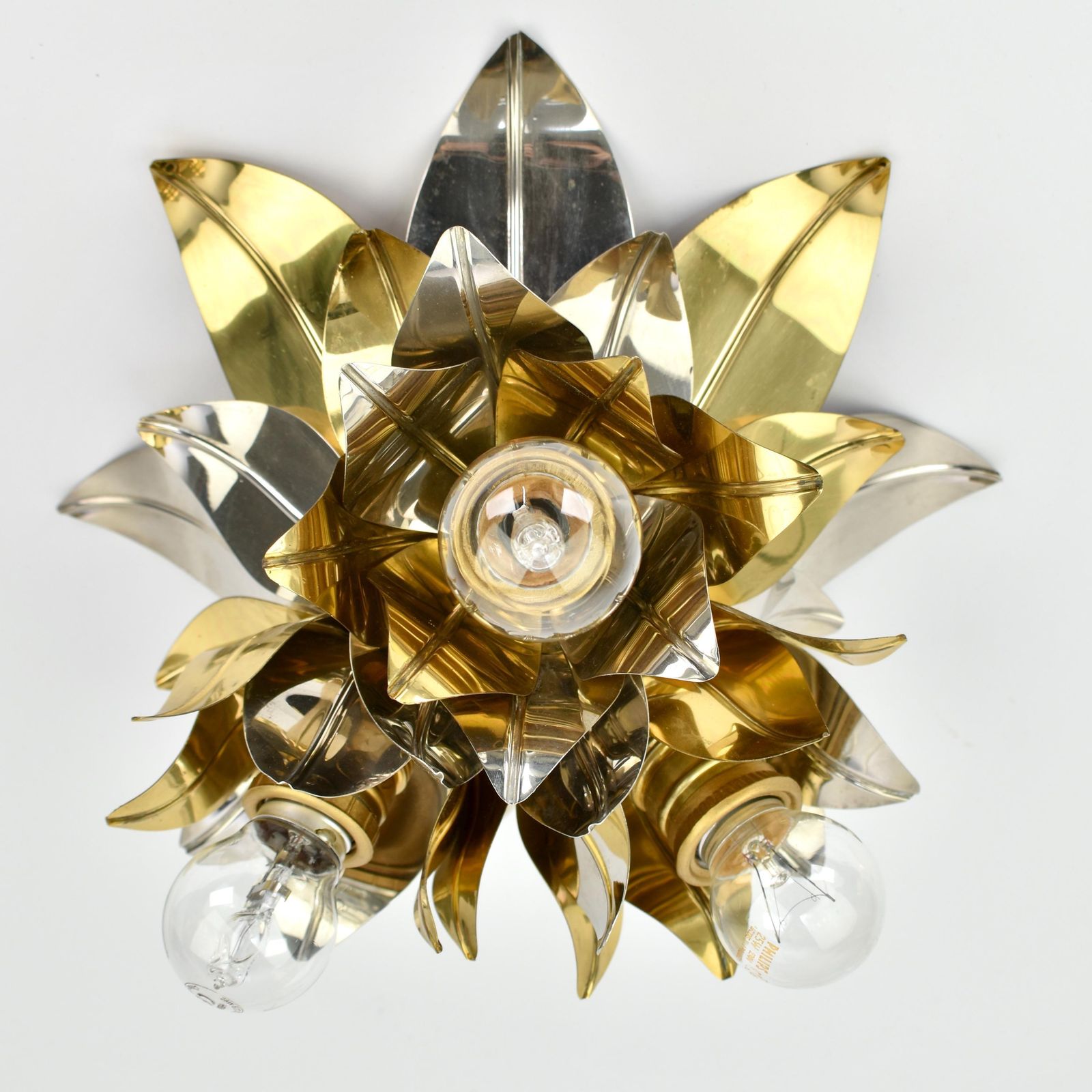 Mid Century Maison Jansen Style Flush Mount | Gold Silver Brass Aluminium Flower Ceiling Light Fixture Lamp | Bagues Banci Italian Vintage photo furniture