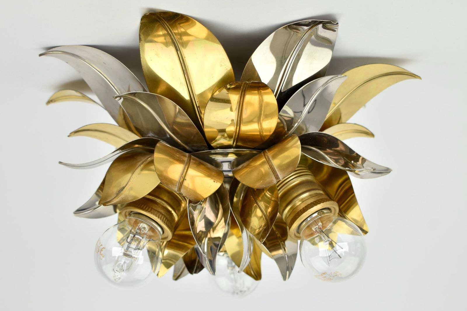 Mid Century Maison Jansen Style Flush Mount | Gold Silver Brass Aluminium Flower Ceiling Light Fixture Lamp | Bagues Banci Italian Vintage photo vinterior
