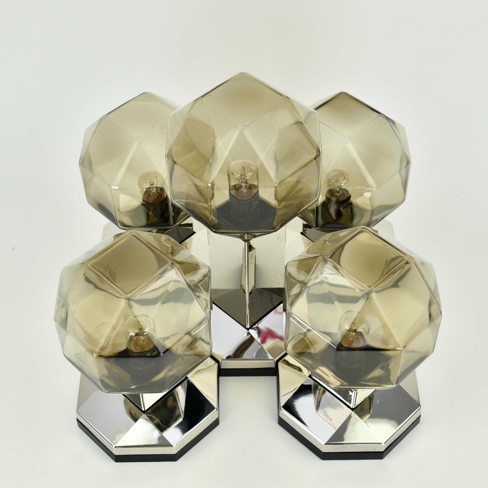 1970s Motoko Ishii Flush Mount Brass & Glass Lights For Staff Leuchten Modular Architectural Gold Smoked Cubist Ceiling Lamp Mid Century Mcm photo Lighting